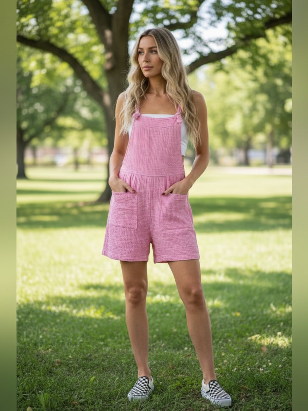 Zenana Washed Double Gauze Tie-Back Overall Romper - NWOT - Picture 2 of 2